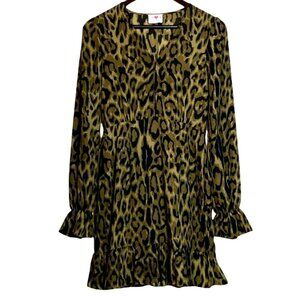 Buddy Love Olive Green Leopard Print Long Sleeve Ruffle Hem Dress Size S V-Neck